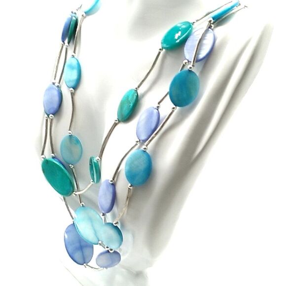 Triple Strand Shell Disc Necklace Turquoise Blue Silver-tone Tube Spacers - Picture 3 of 13
